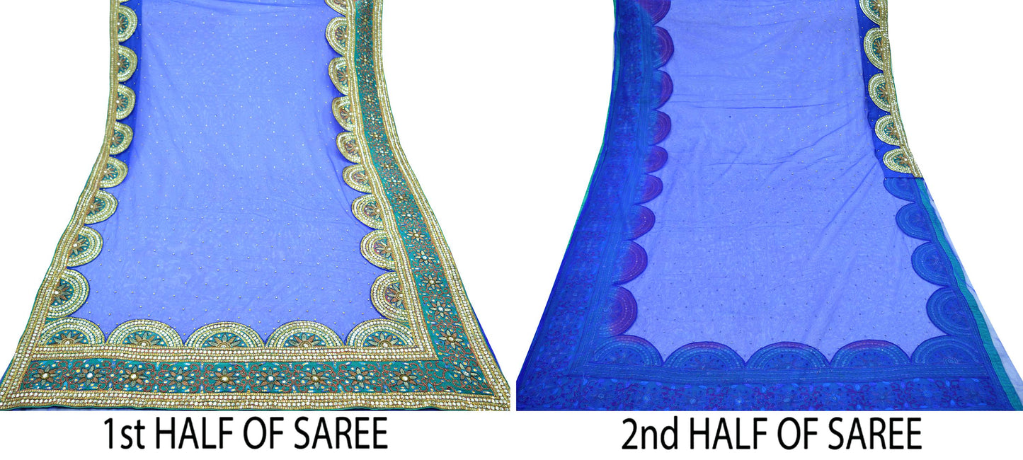 Indian Vintage Heavy Royal Blue Saree Net/Mesh Hand Beaded Sari Fabric 6Yd Sewing Soft Ethnic Zardozi/ Dabka Wedding Bollywood Sarees