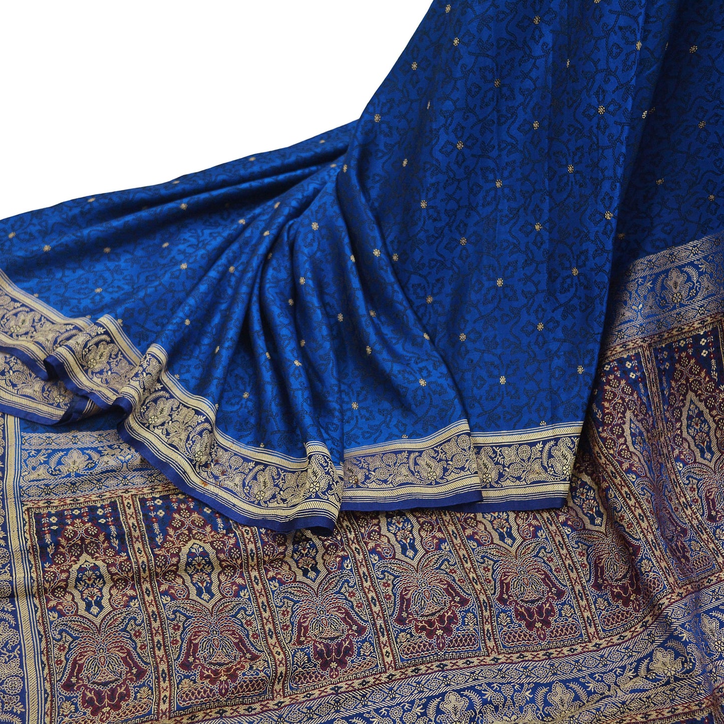 Indian Vintage Heavy Bridal Sari Pure Silk Blue Woven Brocade Sarees 5Yd Craft Fabric Floral Ethnic Zari Dress making Pre-owned Wedding sari