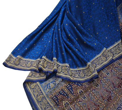 Indian Vintage Heavy Bridal Sari Pure Silk Blue Woven Brocade Sarees 5Yd Craft Fabric Floral Ethnic Zari Dress making Pre-owned Wedding sari