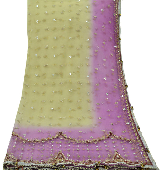 Indian Vintage Purple & Yellow Dupatta Net Mesh Long Stole Hand Embroidered Scarves Golden Zardozi Zari Sequins Veil Hijab Scarf