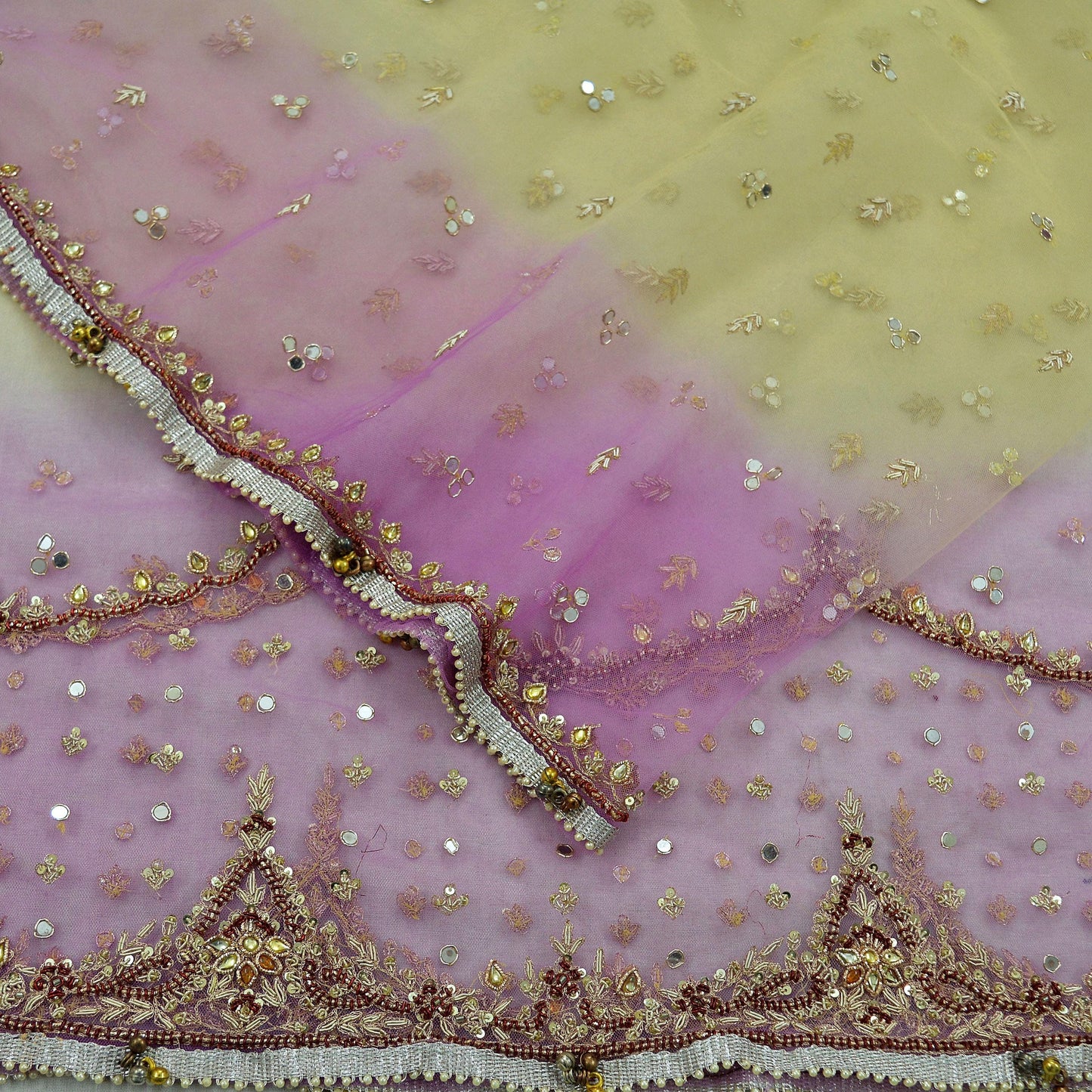 Indian Vintage Purple & Yellow Dupatta Net Mesh Long Stole Hand Embroidered Scarves Golden Zardozi Zari Sequins Veil Hijab Scarf