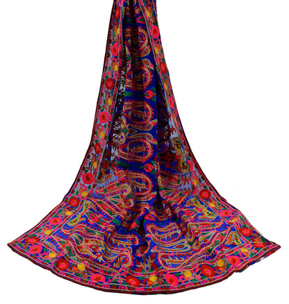 Indian Vintage Royal Blue Dupatta Long Stole Blend Chiffon Hand Embroidered Scarves Veil Scarf Wrap Hippie Boho Zari