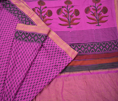 Indian Vintage Sari Purple Pure chanderi Silk Block Printed Sarees Craft Fabric 6Yd Soft Zari Border Floral Dress making bollywood sarees