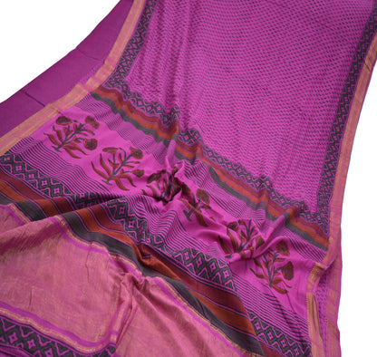 Indian Vintage Sari Purple Pure chanderi Silk Block Printed Sarees Craft Fabric 6Yd Soft Zari Border Floral Dress making bollywood sarees