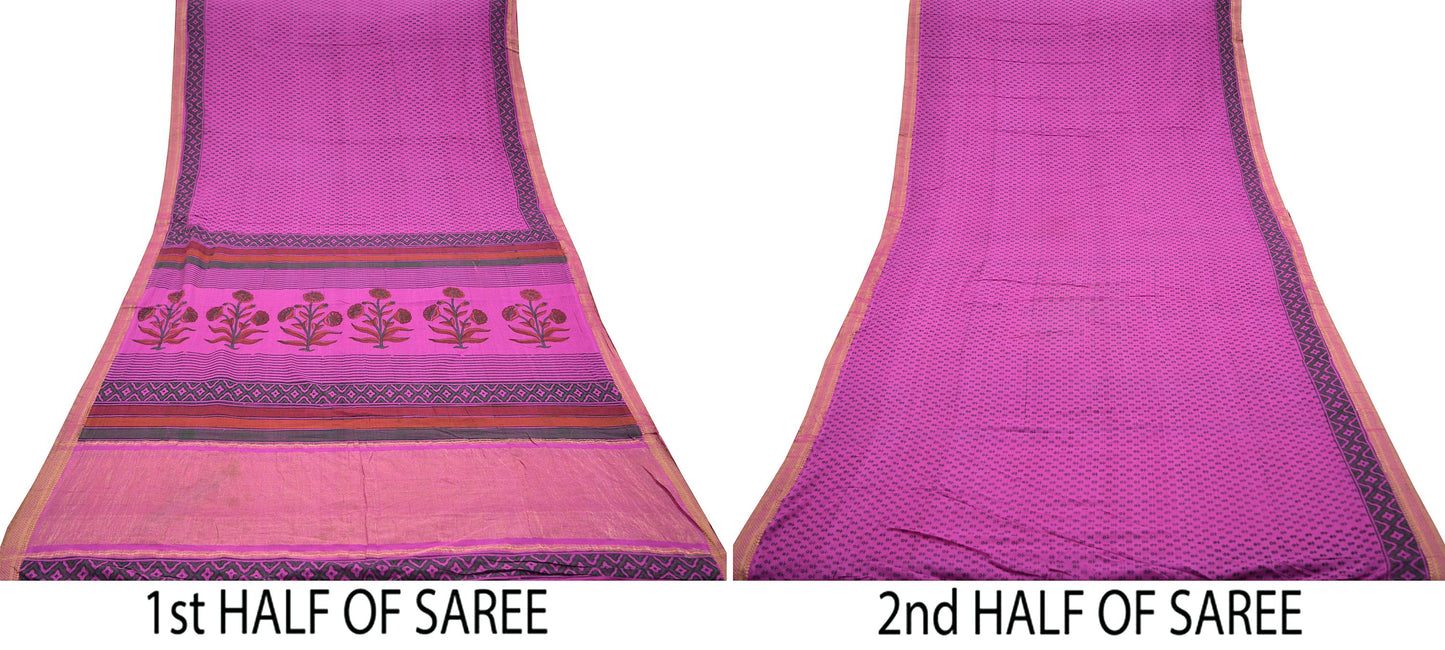 Indian Vintage Sari Purple Pure chanderi Silk Block Printed Sarees Craft Fabric 6Yd Soft Zari Border Floral Dress making bollywood sarees