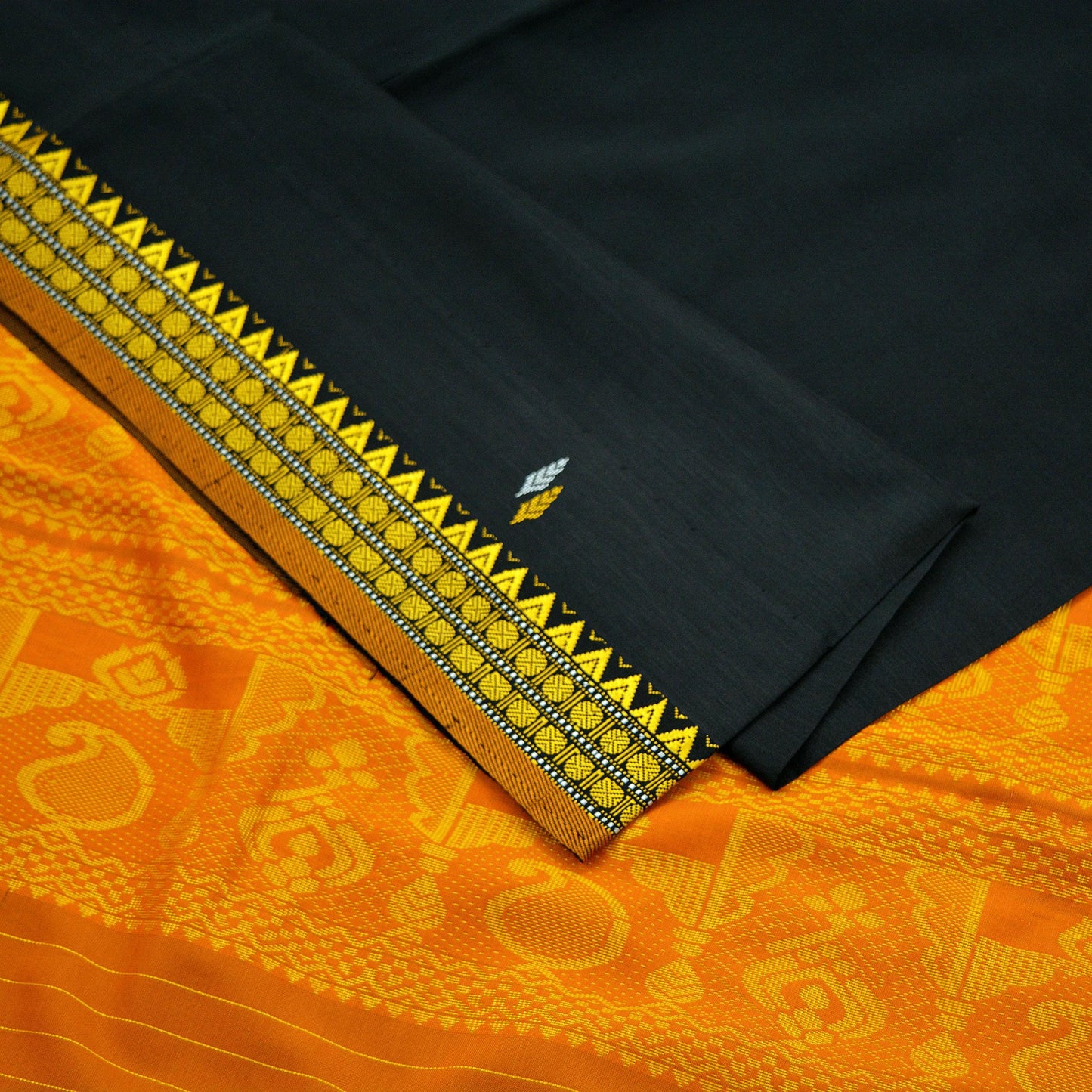 Indian Vintage Sari Black & Saffron 100% Pure Silk Hand Woven Sarees Craft Fabric 5Yd Ethnic Sewing Dress making Crafting Quilting Upcycle