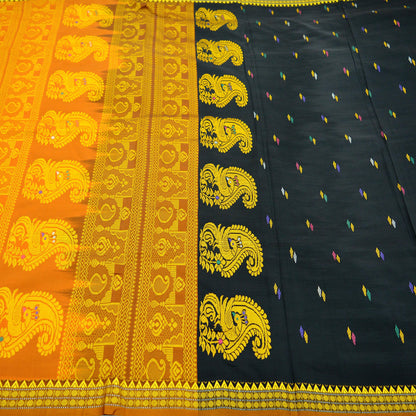 Indian Vintage Sari Black & Saffron 100% Pure Silk Hand Woven Sarees Craft Fabric 5Yd Ethnic Sewing Dress making Crafting Quilting Upcycle