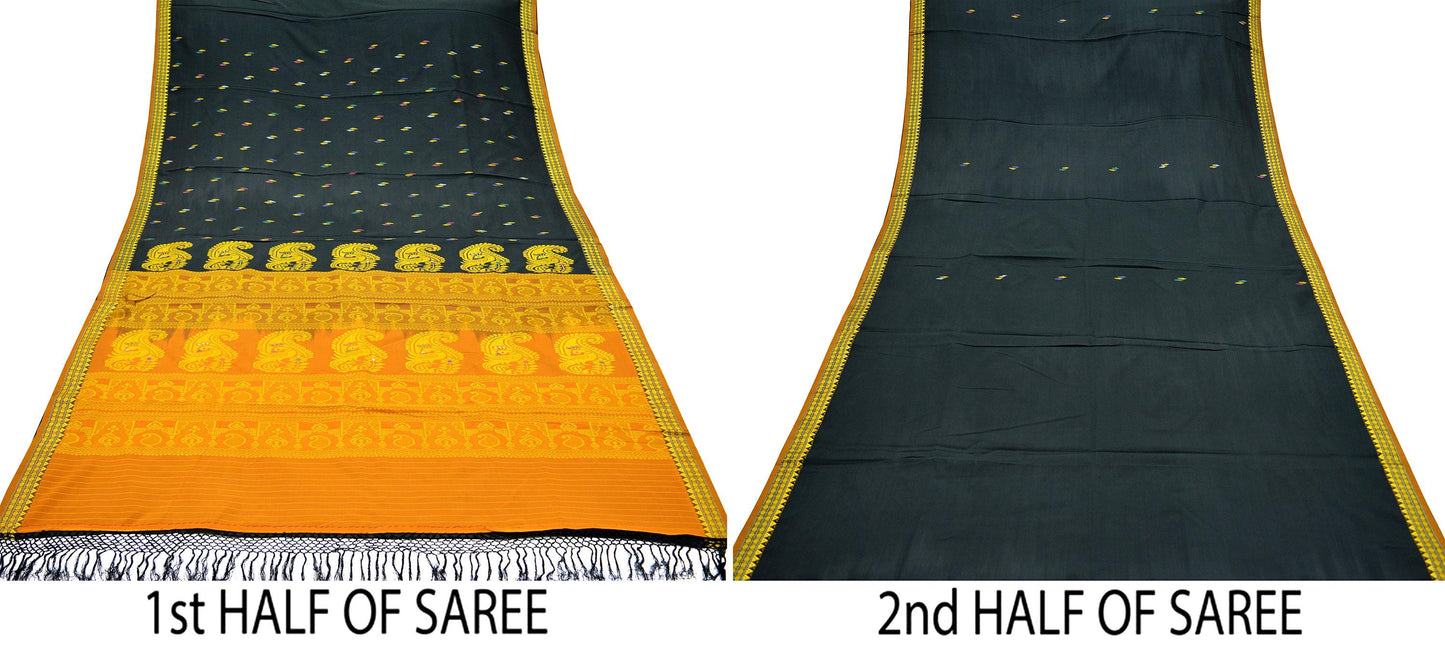 Indian Vintage Sari Black & Saffron 100% Pure Silk Hand Woven Sarees Craft Fabric 5Yd Ethnic Sewing Dress making Crafting Quilting Upcycle