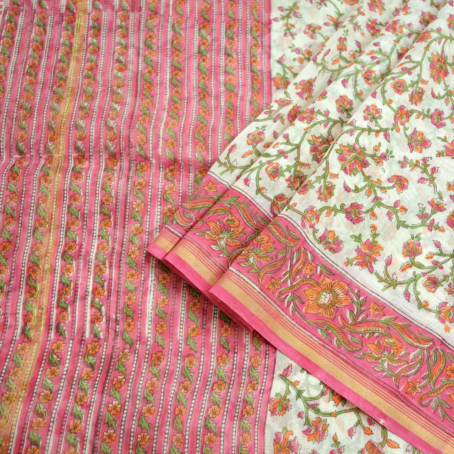 Indian Vintage Sari White & Pink Pure chanderi Silk Block Printed Sarees Fabric 5Yd Soft Zari Floral Dress making bollywood silk sarees