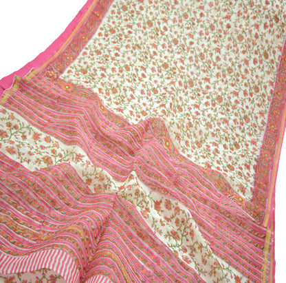 Indian Vintage Sari White & Pink Pure chanderi Silk Block Printed Sarees Fabric 5Yd Soft Zari Floral Dress making bollywood silk sarees