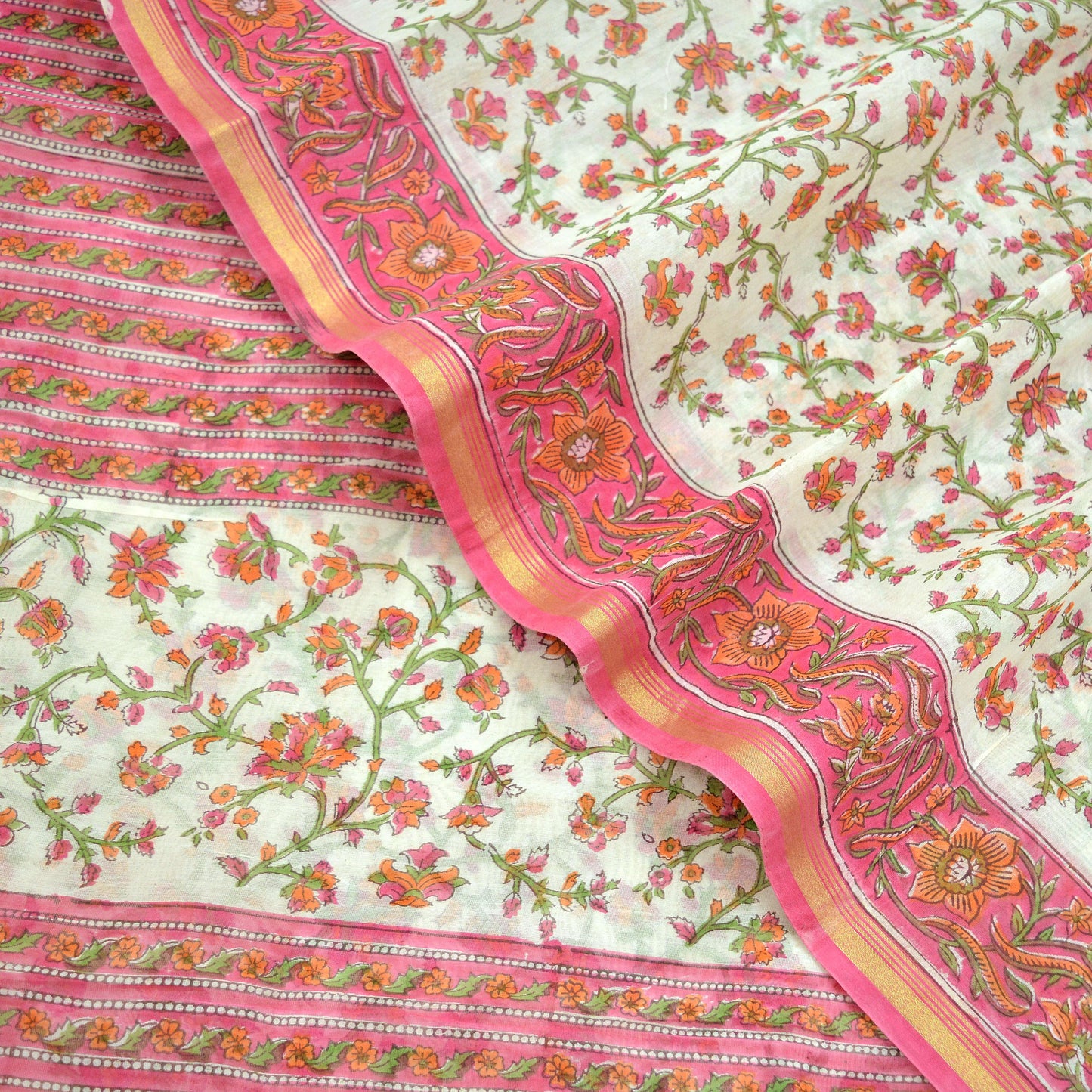 Indian Vintage Sari White & Pink Pure chanderi Silk Block Printed Sarees Fabric 5Yd Soft Zari Floral Dress making bollywood silk sarees