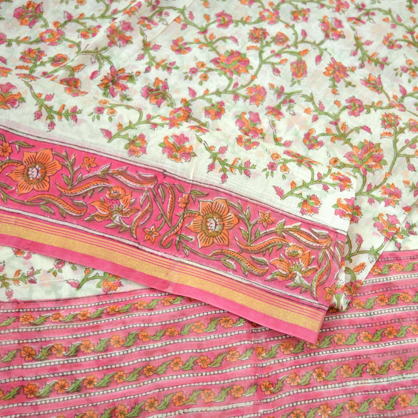 Indian Vintage Sari White & Pink Pure chanderi Silk Block Printed Sarees Fabric 5Yd Soft Zari Floral Dress making bollywood silk sarees