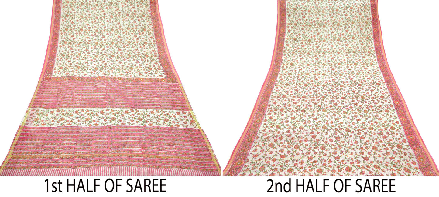 Indian Vintage Sari White & Pink Pure chanderi Silk Block Printed Sarees Fabric 5Yd Soft Zari Floral Dress making bollywood silk sarees