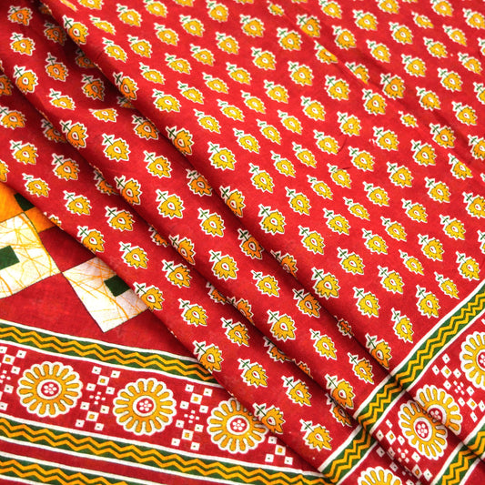 Indian Vintage Red Saree Printed Pure Cotton Sari Craft Fabric Soft 5Yd Sewing Sarong Wrap Boho Quilting Crafting Upcycle Dress making