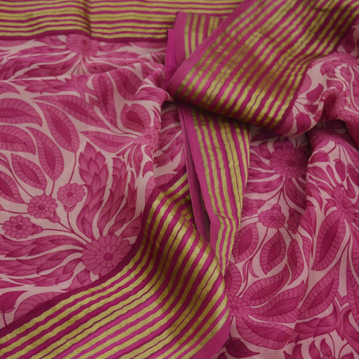 Women Vintage Pink & Peach Saree Pure Georgette Silk Printed Sari Craft Fabric Sewing 5Yd Soft Dress Making Zari Border Crafting Quilting