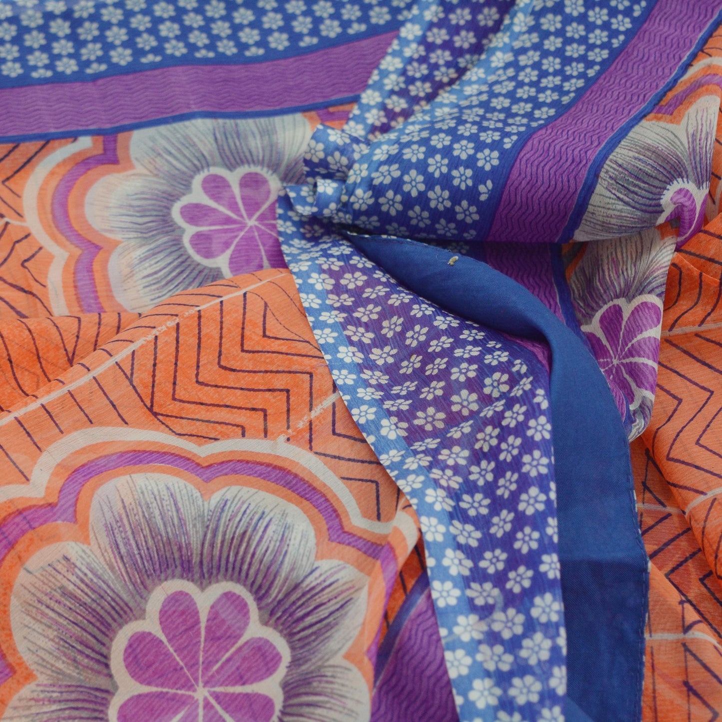 Indian Vintage Sari Orange & Blue Pure Chiffon Silk Printed Sarees Craft Fabric Sewing 5Yd Soft Dress Making Quilting Crafting Upcycle