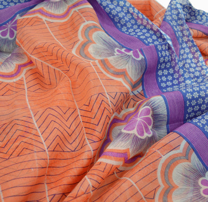 Indian Vintage Sari Orange & Blue Pure Chiffon Silk Printed Sarees Craft Fabric Sewing 5Yd Soft Dress Making Quilting Crafting Upcycle