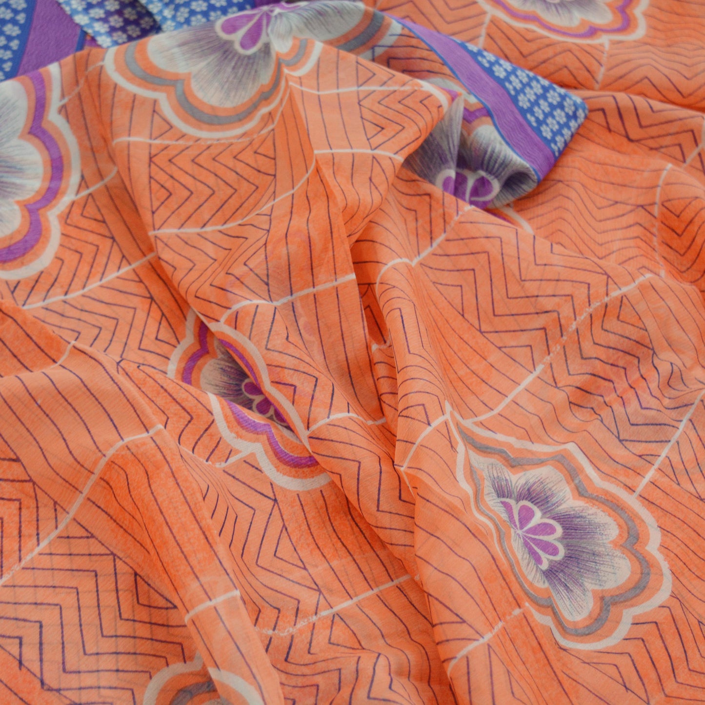 Indian Vintage Sari Orange & Blue Pure Chiffon Silk Printed Sarees Craft Fabric Sewing 5Yd Soft Dress Making Quilting Crafting Upcycle