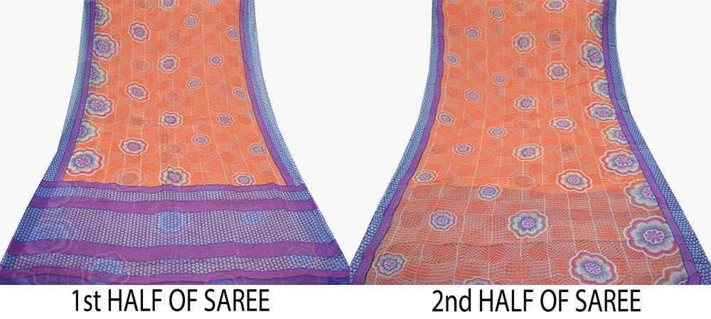 Indian Vintage Sari Orange & Blue Pure Chiffon Silk Printed Sarees Craft Fabric Sewing 5Yd Soft Dress Making Quilting Crafting Upcycle