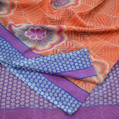 Indian Vintage Sari Orange & Blue Pure Chiffon Silk Printed Sarees Craft Fabric Sewing 5Yd Soft Dress Making Quilting Crafting Upcycle