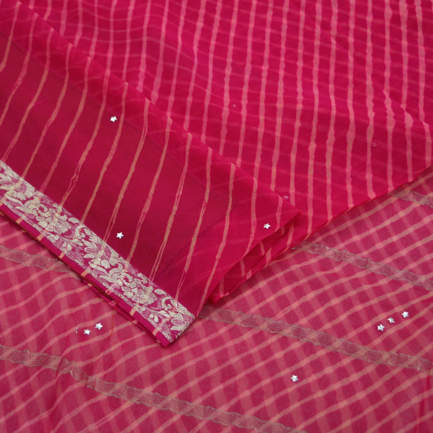 Women Vintage Pink & Peach Sarees Pure Chiffon Silk Leheria Printed Sari Craft Fabric Sewing 5Yd Soft Dress Making Zari Quilting Crafting