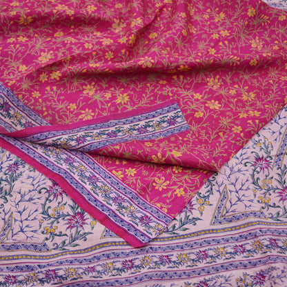 Indian Vintage Sari Pink 100% Pure Silk Woven Printed Sarees Craft Fabric 5yd Sewing Dress Making Floral Upcycle Quilting Crafting Used