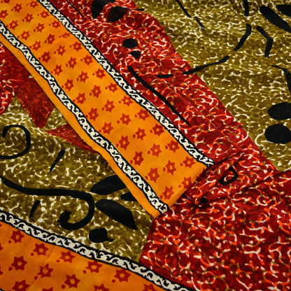 Indian Vintage Sari Mustard & Red Pure Crepe Silk Printed Saree 5yd Sewing Floral Soft Craft Fabric Wrap Dress Making Crafting Upcycle