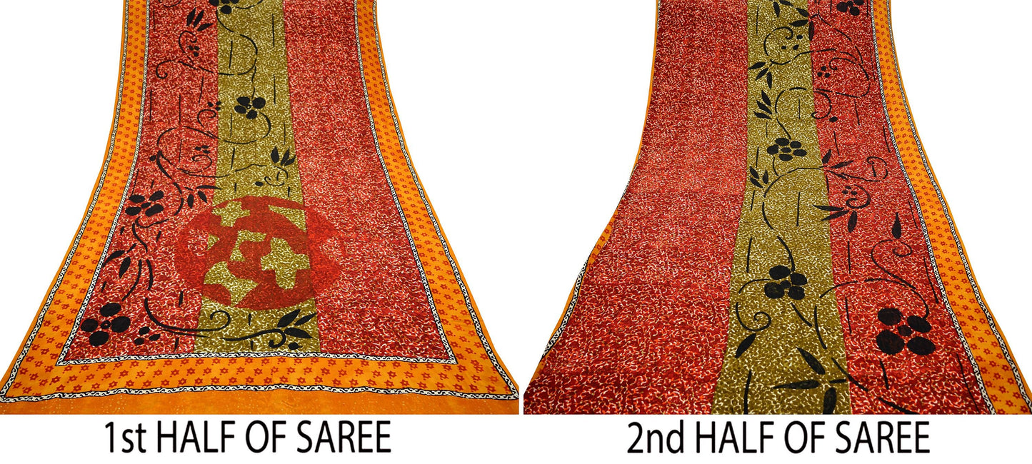 Indian Vintage Sari Mustard & Red Pure Crepe Silk Printed Saree 5yd Sewing Floral Soft Craft Fabric Wrap Dress Making Crafting Upcycle