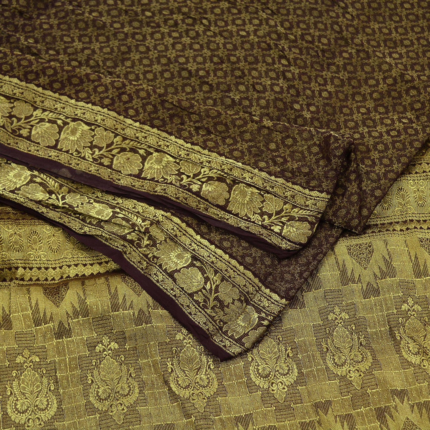 Antique Vintage Coffee Brown Saree Pure Georgette Silk Hand Woven Sari Craft Fabric 5Yd Sewing Soft Ethnic Zari Dress Making Wedding Sari