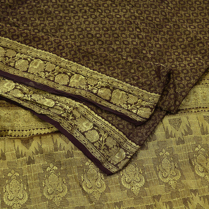 Antique Vintage Coffee Brown Saree Pure Georgette Silk Hand Woven Sari Craft Fabric 5Yd Sewing Soft Ethnic Zari Dress Making Wedding Sari