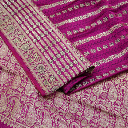 Indian Vintage Sari Heavy Wedding Pure Satin Silk Rani Pink Brocade Banarasi Sarees Zari 5Yd Fabric Ethnic Dress Making Bridal Sari Crafting