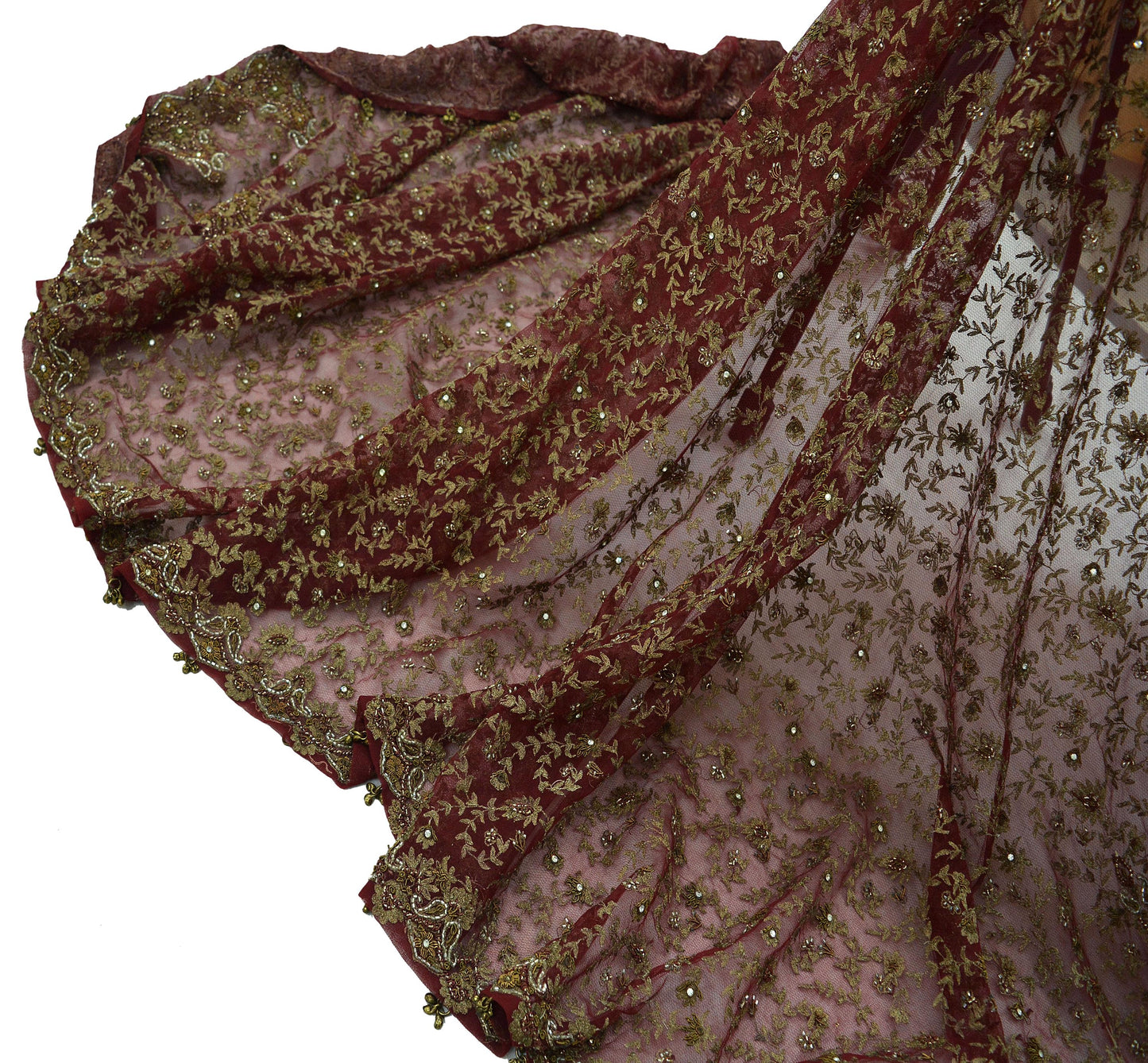 Indian Antique Vintage Heavy Wedding Maroon Dupatta Net Mesh Long Stole Hand Embroidered Scarves Golden Zardozi Zari Dridal Veil Hijab