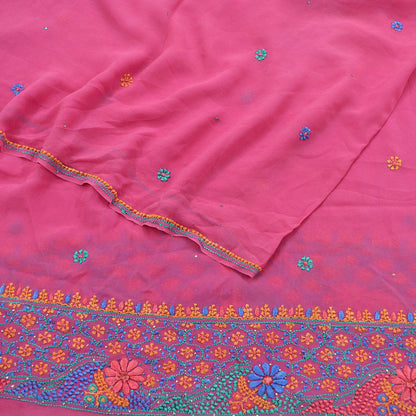 Indian Vintage Pink Dupatta Pure Georgette silk Long Stole Hand Embroidered Chikankari Stole Floral Scarf Scarves