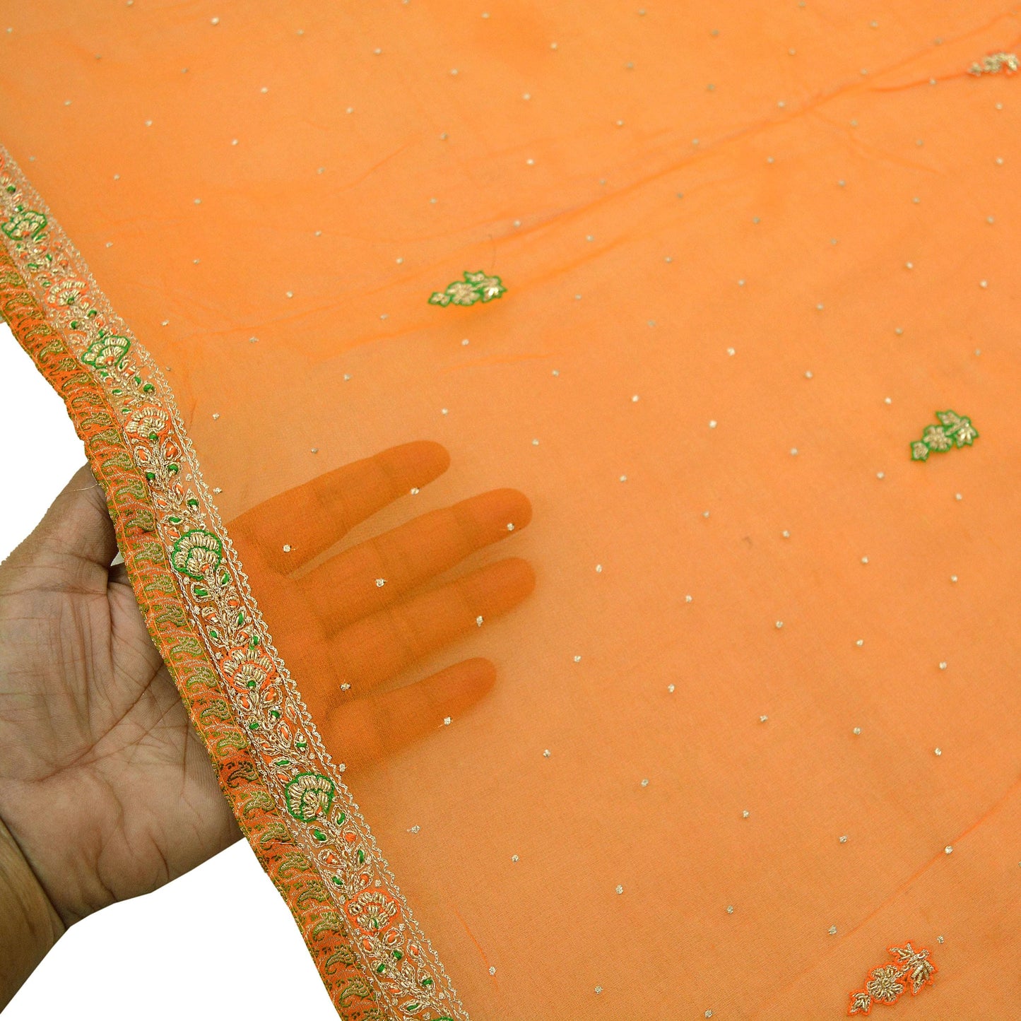 Indian Vintage Orange Dupatta Pure Georgette silk Long Stole Hand Embroidered Scarves Stole Veil Wrap Zardozi/Dabka, Zari