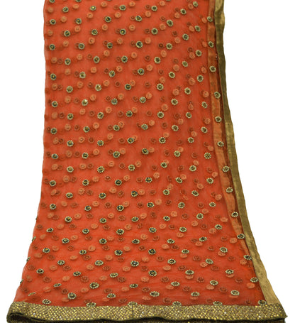 Indian Vintage Orange Dupatta Net Mesh Long Stole Hand Embroidered Scarves Golden Zardozi Zari Sequins Stole