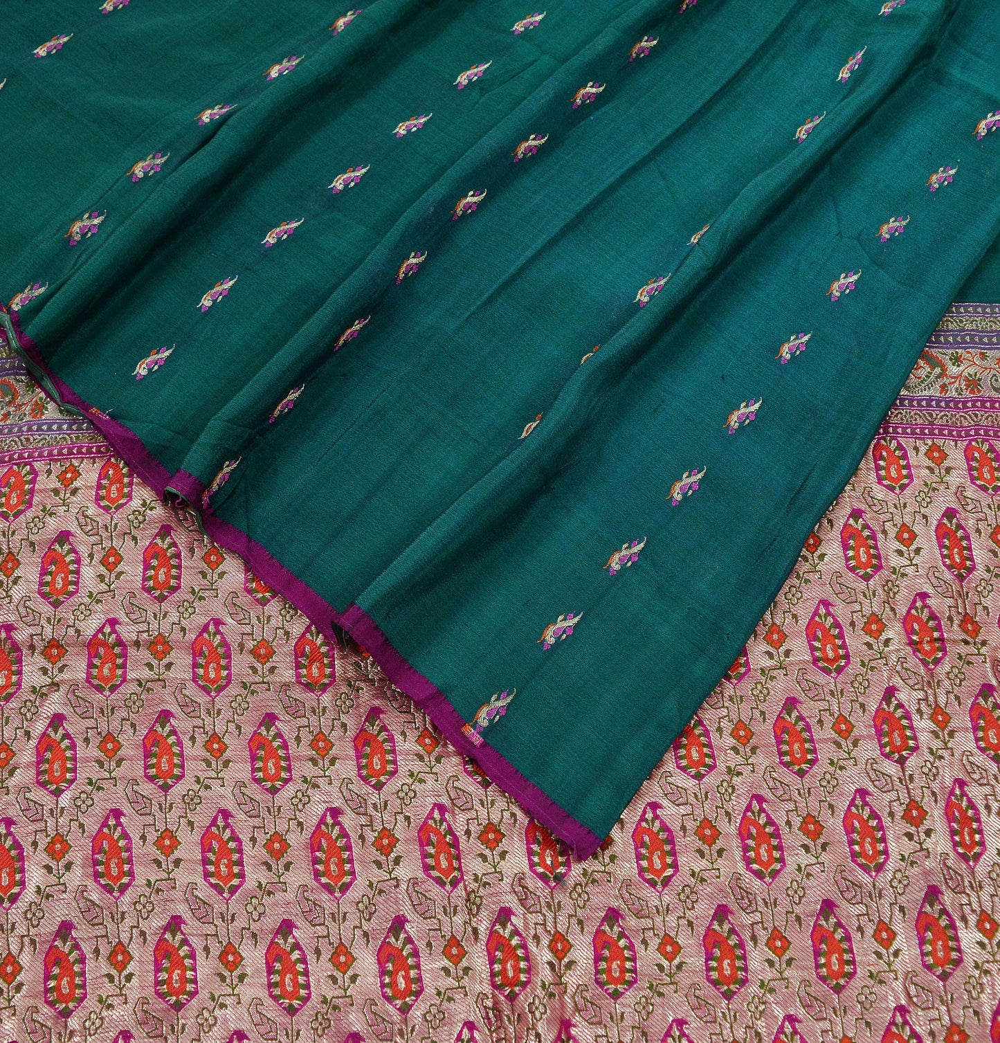 Indian Vintage Sari Green & Pink Hand Woven Sarees 100% Pure Silk Zari 5Yd Craft Fabric Sewing Dress making Quilting Crafting