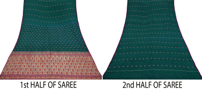 Indian Vintage Sari Green & Pink Hand Woven Sarees 100% Pure Silk Zari 5Yd Craft Fabric Sewing Dress making Quilting Crafting