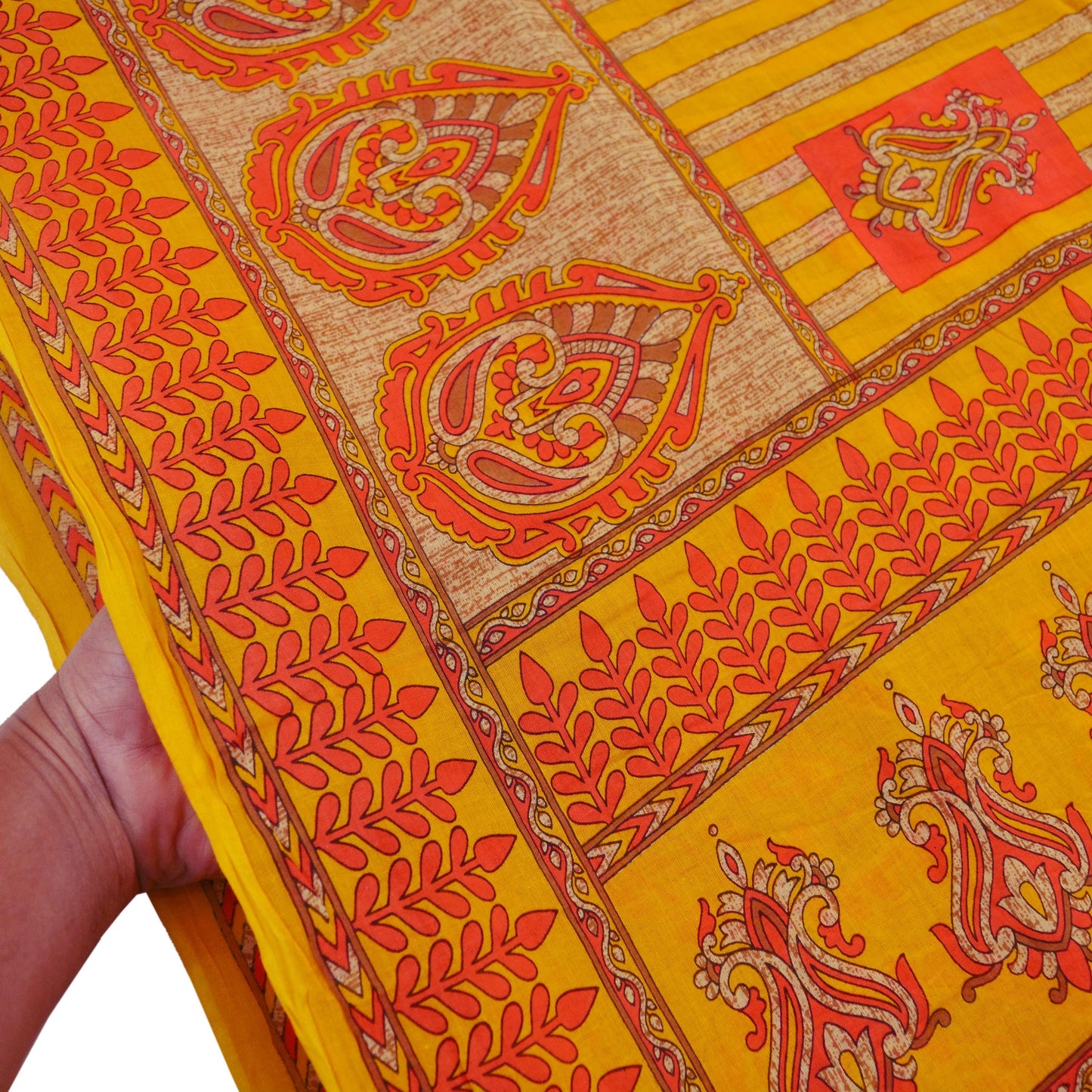 Indian Vintage Saffron Saree Printed Pure Cotton Indian Sari Craft Fabric 5Yd Sewing Soft Sarong Wrap Boho Floral Quilting Crafting