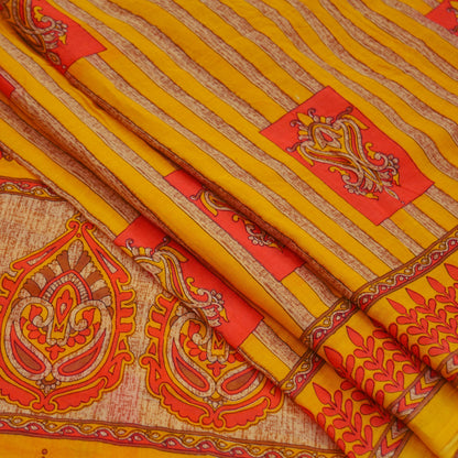 Indian Vintage Saffron Saree Printed Pure Cotton Indian Sari Craft Fabric 5Yd Sewing Soft Sarong Wrap Boho Floral Quilting Crafting