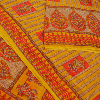 Indian Vintage Saffron Saree Printed Pure Cotton Indian Sari Craft Fabric 5Yd Sewing Soft Sarong Wrap Boho Floral Quilting Crafting