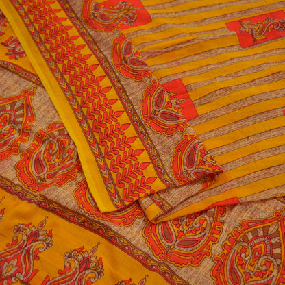 Indian Vintage Saffron Saree Printed Pure Cotton Indian Sari Craft Fabric 5Yd Sewing Soft Sarong Wrap Boho Floral Quilting Crafting