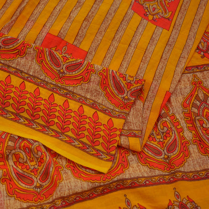 Indian Vintage Saffron Saree Printed Pure Cotton Indian Sari Craft Fabric 5Yd Sewing Soft Sarong Wrap Boho Floral Quilting Crafting