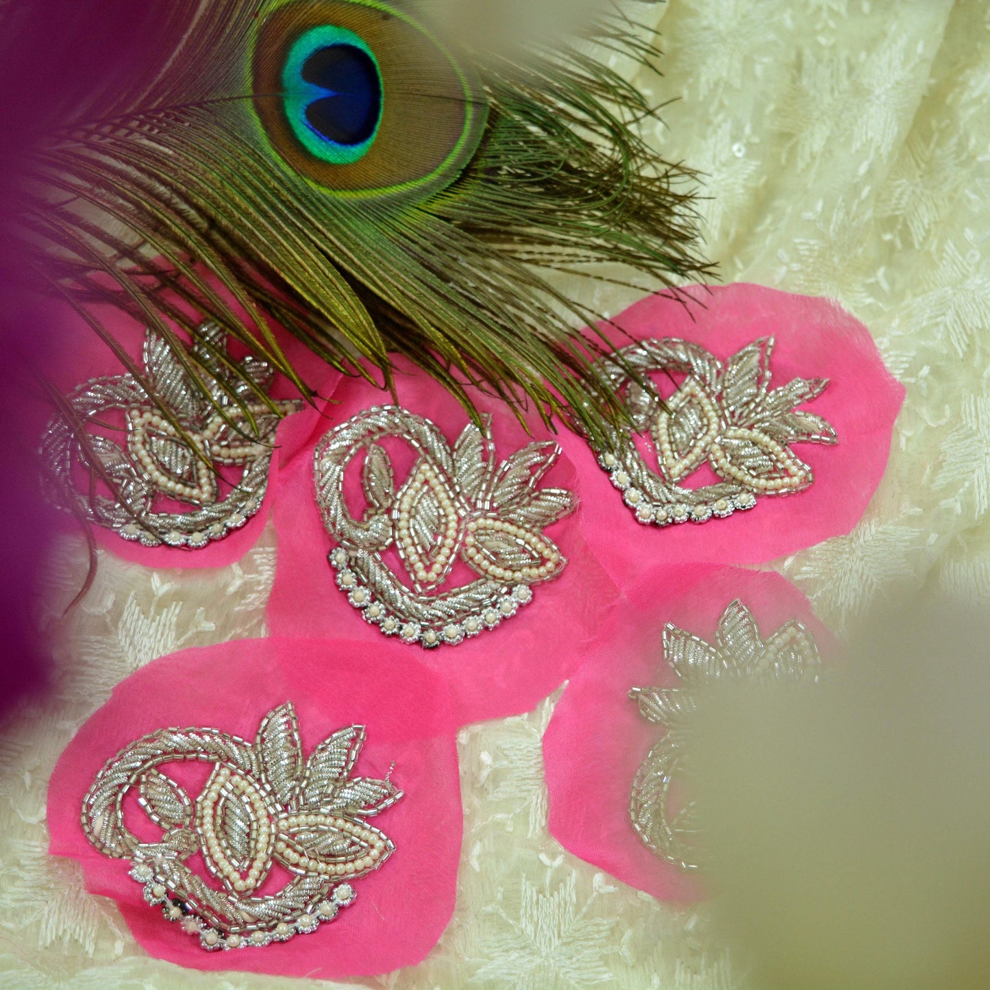 Indian Vintage 5 Pcs Rare Appliques Pink Georgette Applique VERY OLD ANTIQUE Vintage Embroidered Snippets Remnants Craft Journals