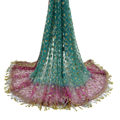 Indian Vintage Heavy Pink & Blue Dupatta Net Mesh Long Stole Hand Embroidered Scarves Golden Zardozi Dabka Zari Sequins