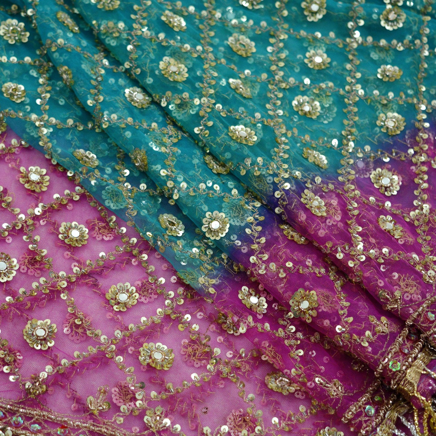 Indian Vintage Heavy Pink & Blue Dupatta Net Mesh Long Stole Hand Embroidered Scarves Golden Zardozi Dabka Zari Sequins