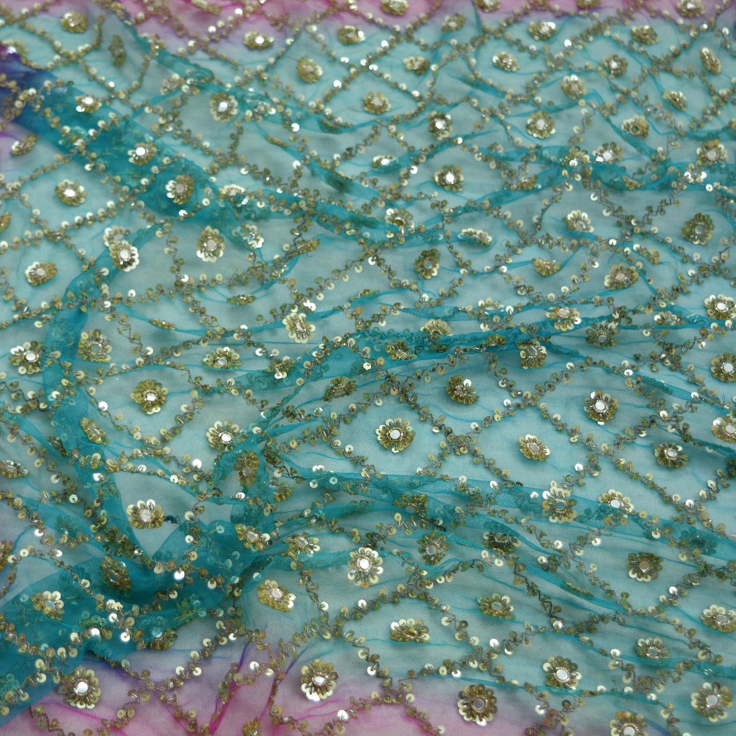 Indian Vintage Heavy Pink & Blue Dupatta Net Mesh Long Stole Hand Embroidered Scarves Golden Zardozi Dabka Zari Sequins