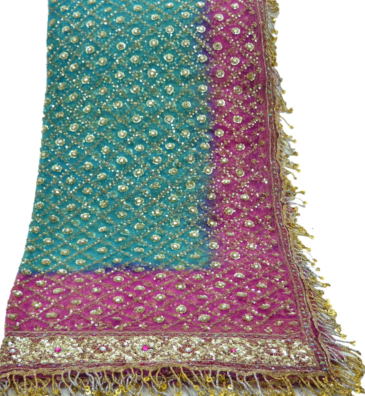 Indian Vintage Heavy Pink & Blue Dupatta Net Mesh Long Stole Hand Embroidered Scarves Golden Zardozi Dabka Zari Sequins