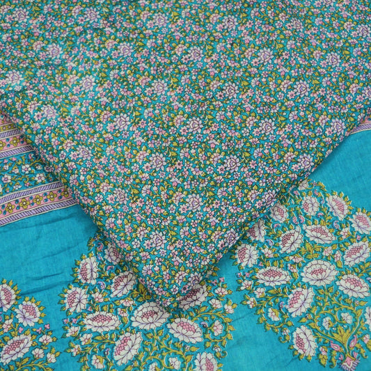 Indian Vintage Blue Saree Printed Pure Cotton Sari Craft Fabric Soft 5Yd Sewing Sarong Wrap Boho Floral Dress making Crafting Quilting