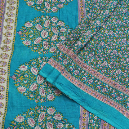 Indian Vintage Blue Saree Printed Pure Cotton Sari Craft Fabric Soft 5Yd Sewing Sarong Wrap Boho Floral Dress making Crafting Quilting