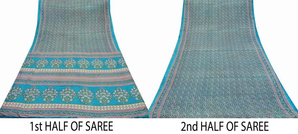 Indian Vintage Blue Saree Printed Pure Cotton Sari Craft Fabric Soft 5Yd Sewing Sarong Wrap Boho Floral Dress making Crafting Quilting